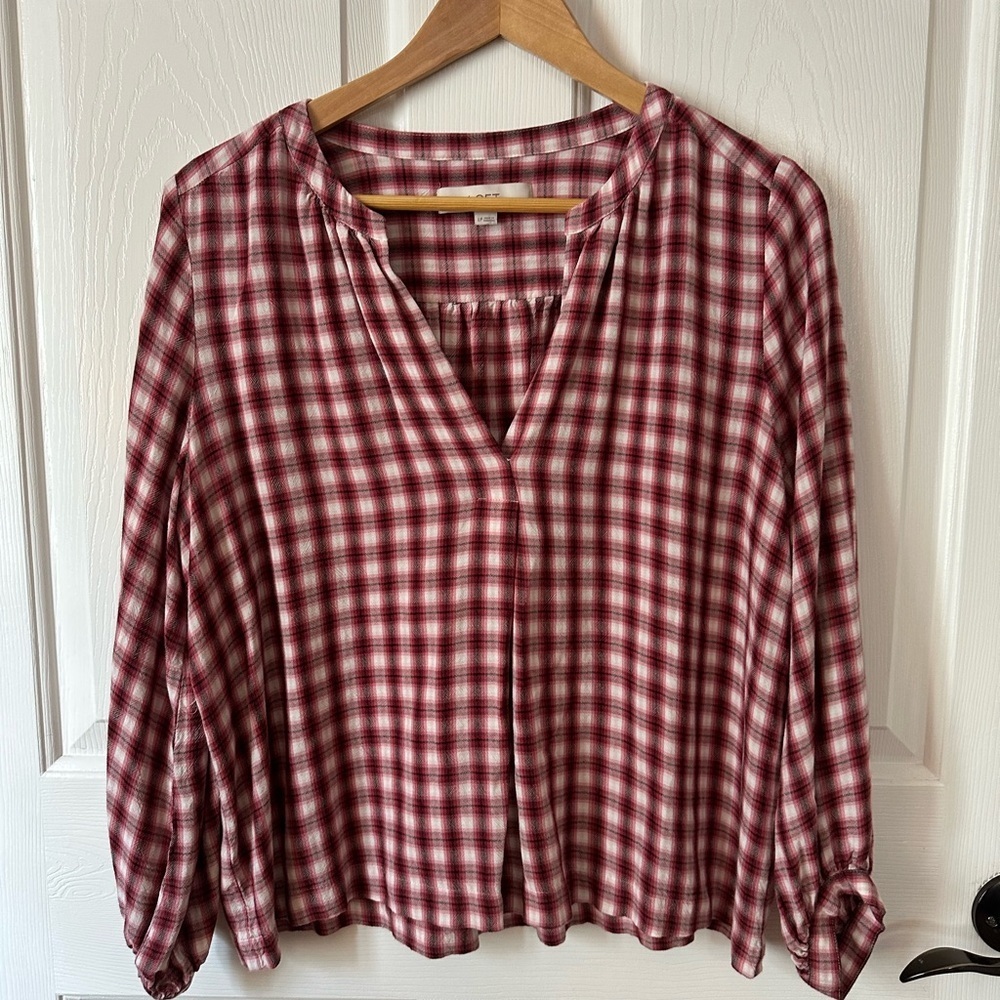 LOFT Burgundy Plaid V-Neck Blouse - Picture 1 of 8